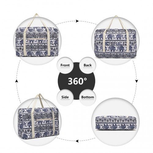 EQ2308E - Kono Foldable Waterproof Storage Cabin Travel Handbag Elephant Print - Navy And Beige - Easy Luggage