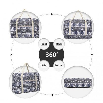 EQ2308E - Kono Foldable Waterproof Storage Cabin Travel Handbag Elephant Print - Navy And Beige - Easy Luggage