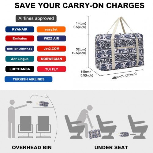 EQ2308E - Kono Foldable Waterproof Storage Cabin Travel Handbag Elephant Print - Navy And Beige - Easy Luggage