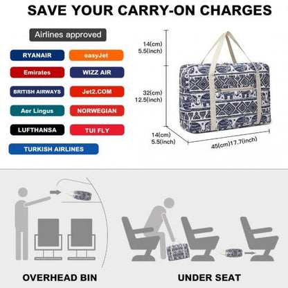 EQ2308E - Kono Foldable Waterproof Storage Cabin Travel Handbag Elephant Print - Navy And Beige - Easy Luggage