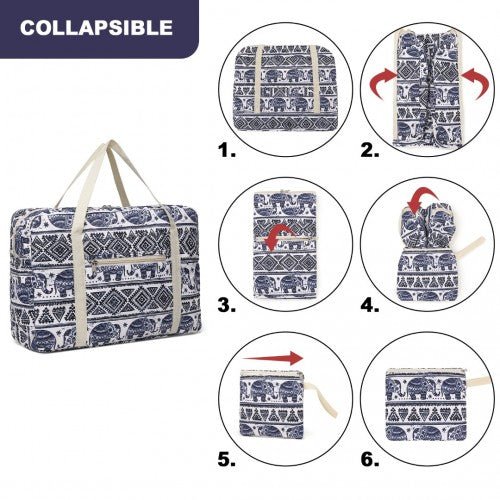 EQ2308E - Kono Foldable Waterproof Storage Cabin Travel Handbag Elephant Print - Navy And Beige - Easy Luggage