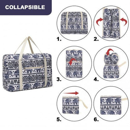 EQ2308E - Kono Foldable Waterproof Storage Cabin Travel Handbag Elephant Print - Navy And Beige - Easy Luggage
