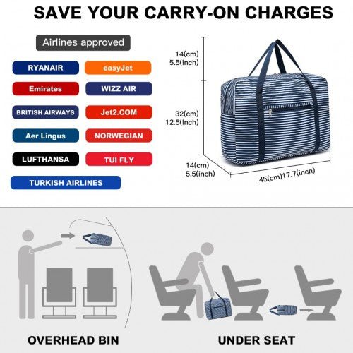 EQ2308S - Kono Foldable Waterproof Storage Cabin Travel Handbag Striped Print - Navy - Easy Luggage