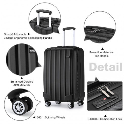 K1773 - 1L - Kono 19 Inch Cabin Size ABS Hard Shell Luggage with Vertical Stripes - Ideal for Carry - On - Black - Easy Luggage