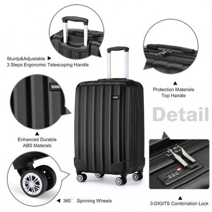 K1773 - 1L - Kono 19 Inch Cabin Size ABS Hard Shell Luggage with Vertical Stripes - Ideal for Carry - On - Black - Easy Luggage