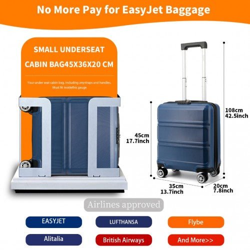 K1871 - 1L - Kono ABS 16 Inch Sculpted Horizontal Design Cabin Luggage - Navy - Easy Luggage