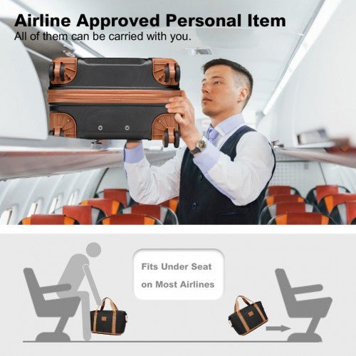 K1871 - 1L+EA2212 - Kono ABS 4 Wheel Suitcase Set With Vanity Case And Weekend Bag And Toiletry Bag - Black And Brown - Easy Luggage