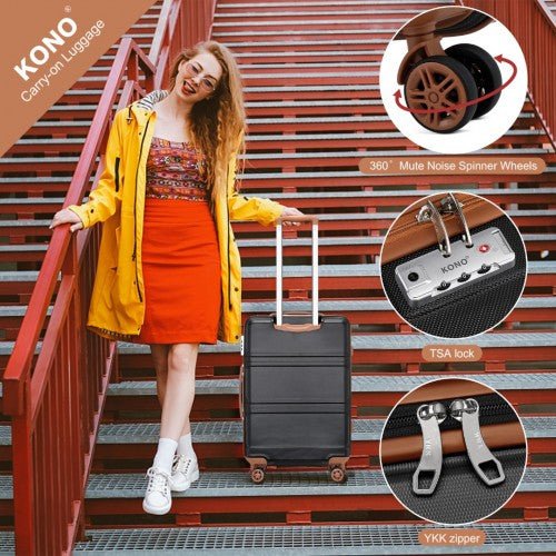 K1871 - 1L+EA2212 - Kono ABS 4 Wheel Suitcase Set With Vanity Case And Weekend Bag And Toiletry Bag - Black And Brown - Easy Luggage