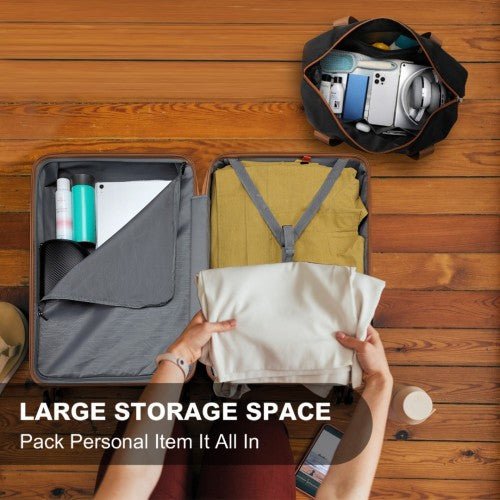 K1871 - 1L+EA2212 - Kono ABS 4 Wheel Suitcase Set With Vanity Case And Weekend Bag And Toiletry Bag - Black And Brown - Easy Luggage