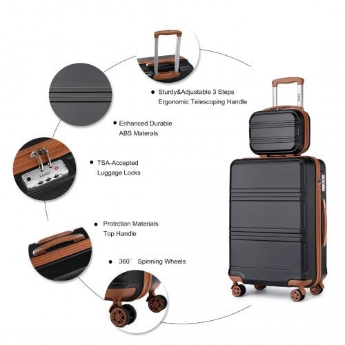 K1871 - 1L+EA2212 - Kono ABS 4 Wheel Suitcase Set With Vanity Case And Weekend Bag And Toiletry Bag - Black And Brown - Easy Luggage