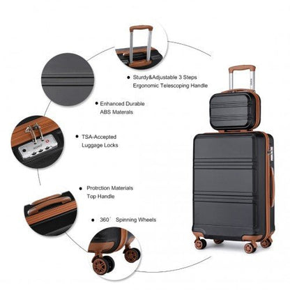 K1871 - 1L+EA2212 - Kono ABS 4 Wheel Suitcase Set With Vanity Case And Weekend Bag And Toiletry Bag - Black And Brown - Easy Luggage