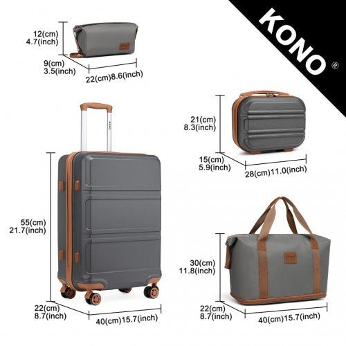 K1871 - 1L+EA2212 - Kono ABS 4 Wheel Suitcase Set With Vanity Case And Weekend Bag And Toiletry Bag - Grey And Brown - Easy Luggage