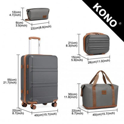 K1871 - 1L+EA2212 - Kono ABS 4 Wheel Suitcase Set With Vanity Case And Weekend Bag And Toiletry Bag - Grey And Brown - Easy Luggage