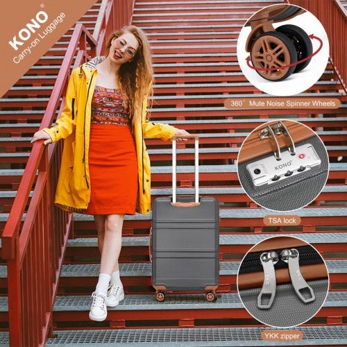 K1871 - 1L+EA2212 - Kono ABS 4 Wheel Suitcase Set With Vanity Case And Weekend Bag And Toiletry Bag - Grey And Brown - Easy Luggage