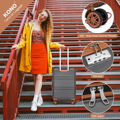 K1871 - 1L+EA2212 - Kono ABS 4 Wheel Suitcase Set With Vanity Case And Weekend Bag And Toiletry Bag - Grey And Brown - Easy Luggage