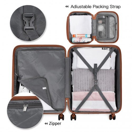 K1871 - 1L+EA2212 - Kono ABS 4 Wheel Suitcase Set With Vanity Case And Weekend Bag And Toiletry Bag - Grey And Brown - Easy Luggage