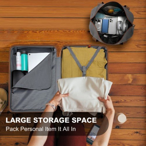 K1871 - 1L+EA2212 - Kono ABS 4 Wheel Suitcase Set With Vanity Case And Weekend Bag And Toiletry Bag - Grey And Brown - Easy Luggage