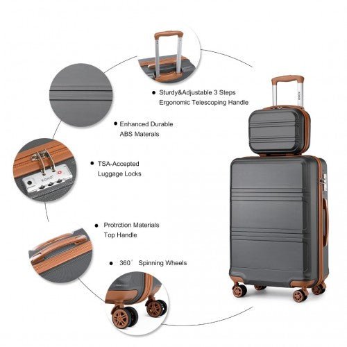 K1871 - 1L+EA2212 - Kono ABS 4 Wheel Suitcase Set With Vanity Case And Weekend Bag And Toiletry Bag - Grey And Brown - Easy Luggage