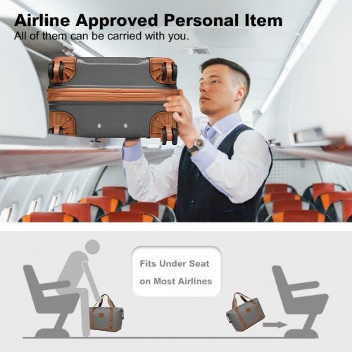 K1871 - 1L+EA2212 - Kono ABS 4 Wheel Suitcase Set With Vanity Case And Weekend Bag And Toiletry Bag - Grey And Brown - Easy Luggage