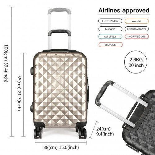 K1992 - Kono Multifaceted Diamond Pattern Hard Shell 20 Inch Suitcase - Gold - Easy Luggage