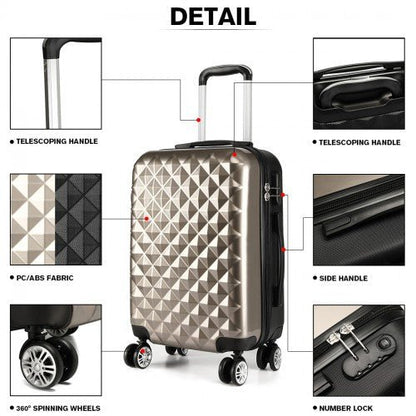 K1992 - Kono Multifaceted Diamond Pattern Hard Shell 20 Inch Suitcase - Gold - Easy Luggage