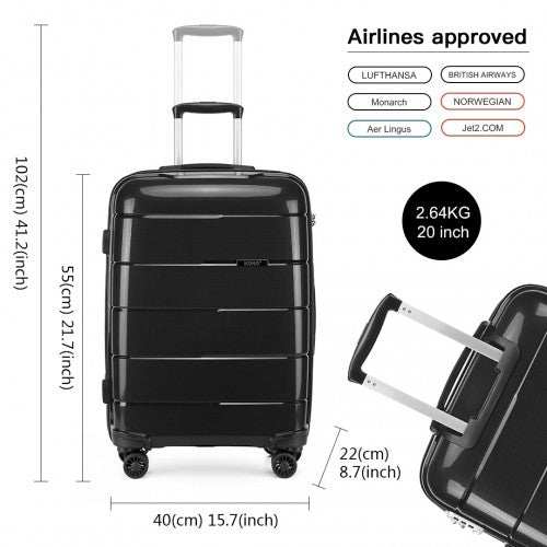 K1997L - KONO 20 INCH CABIN SIZE HARD SHELL PP SUITCASE - BLACK - Easy Luggage