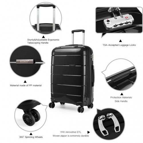 K1997L - KONO 20 INCH CABIN SIZE HARD SHELL PP SUITCASE - BLACK - Easy Luggage