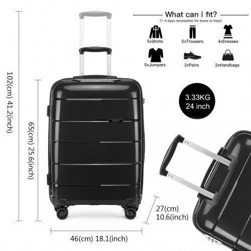 K1997L - KONO 24 INCH HARD SHELL PP SUITCASE - BLACK - Easy Luggage