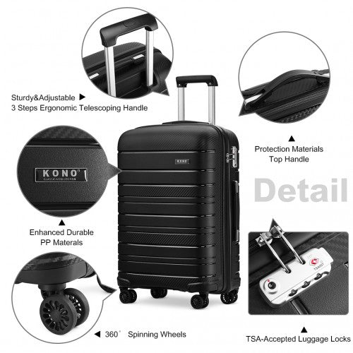K2091L - Kono 24 Inch Multi Texture Hard Shell PP Suitcase - Classic Collection - Black - Easy Luggage