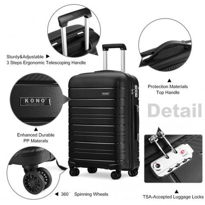 K2091L - Kono 24 Inch Multi Texture Hard Shell PP Suitcase - Classic Collection - Black - Easy Luggage