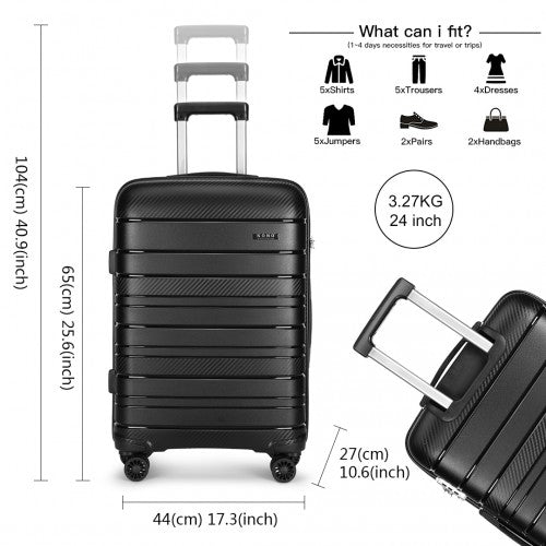 K2091L - Kono 24 Inch Multi Texture Hard Shell PP Suitcase - Classic Collection - Black - Easy Luggage