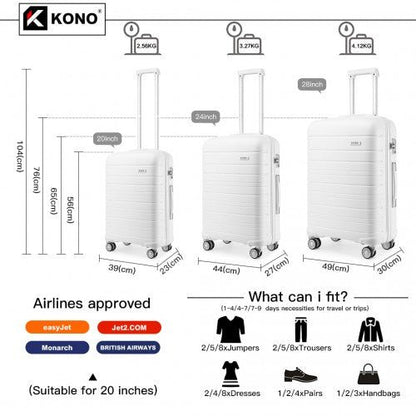 K2091L - Kono Multi Texture Hard Shell PP Suitcase 3 Pieces Set - Classic Collection - White - Easy Luggage