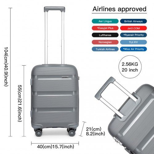 K2092L - Kono 20 Inch Bright Hard Shell PP Carry - On Suitcase In Cabin Size - Grey - Easy Luggage