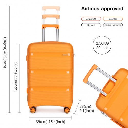 K2092L - Kono 20 Inch Bright Hard Shell PP Carry - On Suitcase In Cabin Size - Orange - Easy Luggage