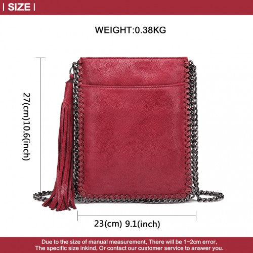 Easy Luggage E6845 - Miss Lulu Leather Look Chain Shoulder Bag with Tassel Pendant - Burgundy