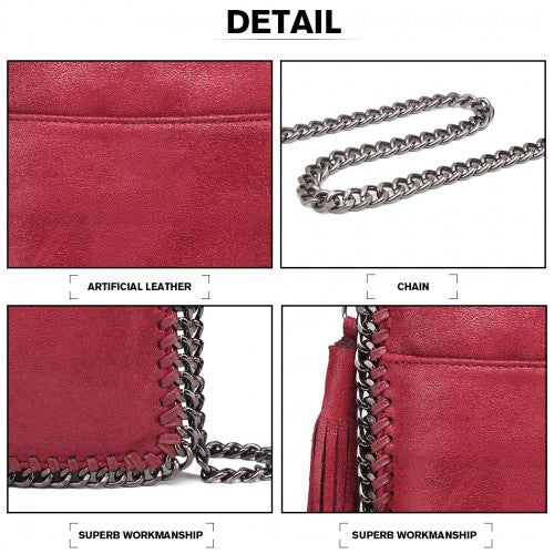 Easy Luggage E6845 - Miss Lulu Leather Look Chain Shoulder Bag with Tassel Pendant - Burgundy