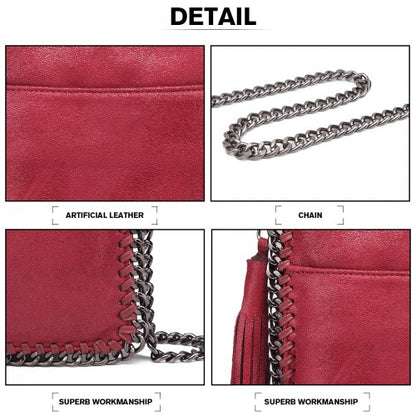 Easy Luggage E6845 - Miss Lulu Leather Look Chain Shoulder Bag with Tassel Pendant - Burgundy
