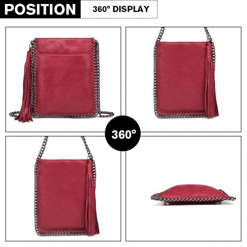 Easy Luggage E6845 - Miss Lulu Leather Look Chain Shoulder Bag with Tassel Pendant - Burgundy