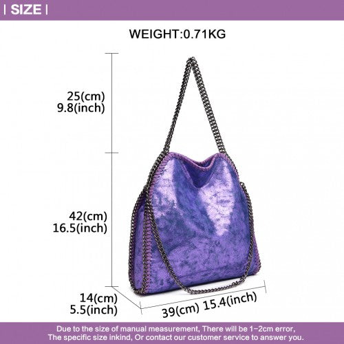 Easy Luggage S1760 - Miss Lulu Metallic Effect Chain Tote Bag - Purple
