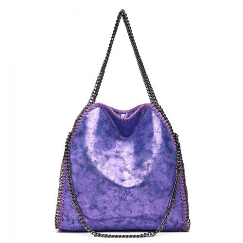 Easy Luggage S1760 - Miss Lulu Metallic Effect Chain Tote Bag - Purple