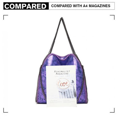 Easy Luggage S1760 - Miss Lulu Metallic Effect Chain Tote Bag - Purple