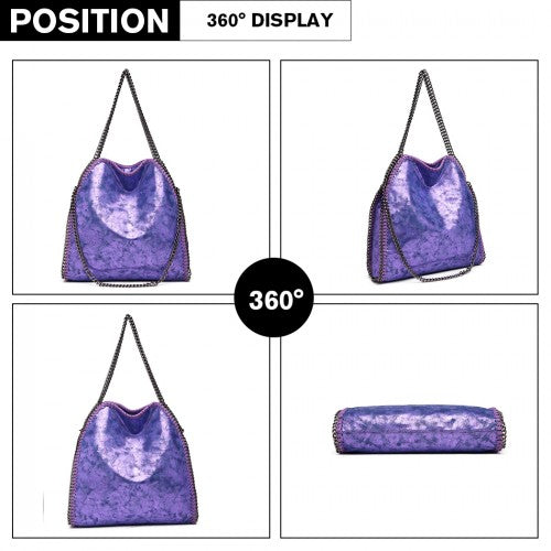 Easy Luggage S1760 - Miss Lulu Metallic Effect Chain Tote Bag - Purple