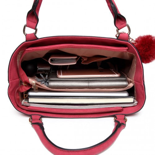 Easy Luggage E1768 CT - Miss Lulu PomPom Suede Shoulder Bag Claret