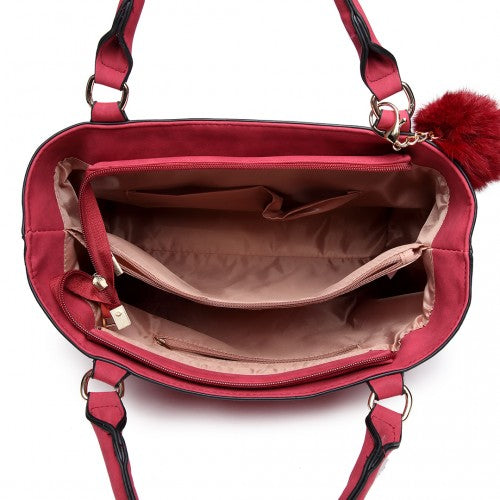 Easy Luggage E1768 CT - Miss Lulu PomPom Suede Shoulder Bag Claret