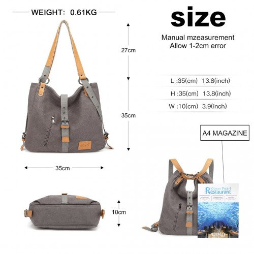 Easy Luggage E6850 - Kono Canvas Hobo Slouch Shoulder Bag and Backpack - Grey