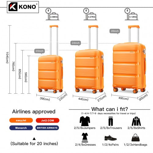 Easy Luggage K2092 - Kono Bright Hard Shell PP Suitcase 3 Pieces Set - Classic Collection - Orange