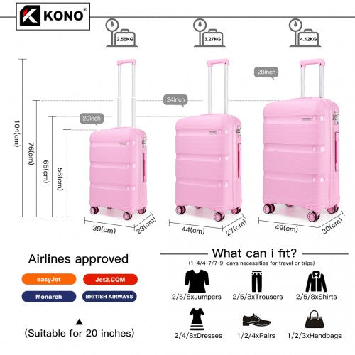 Easy Luggage K2092L - Kono Bright Hard Shell PP Suitcase 3 Pieces Set - Classic Collection - Pink