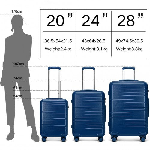 Easy Luggage K2391L - British Traveller 3 Pcs Set Durable Polycarbonate and ABS Hard Shell Suitcase With TSA Lock - Navy