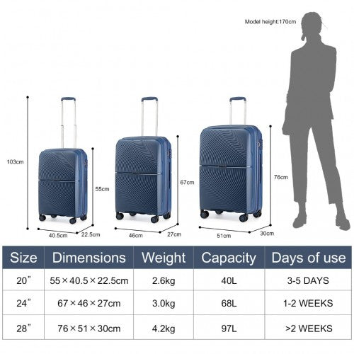 Easy Luggage K2393L - British Traveller 3 Pcs Set Spinner Hard Shell PP Suitcase With TSA Lock - Navy