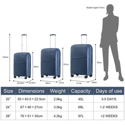 Easy Luggage K2393L - British Traveller 3 Pcs Set Spinner Hard Shell PP Suitcase With TSA Lock - Navy